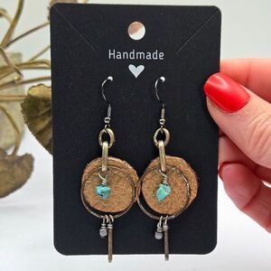 "5/$25" Handmade Turquoise Chip Leather Mixed Metal Dangle Earrings 925 Ear Wire